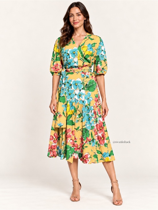 J. Peterman Dresses & Skirts - J. Peterman Silk Floral Faux Wrap Puff Sleeve Midi Dress Size S